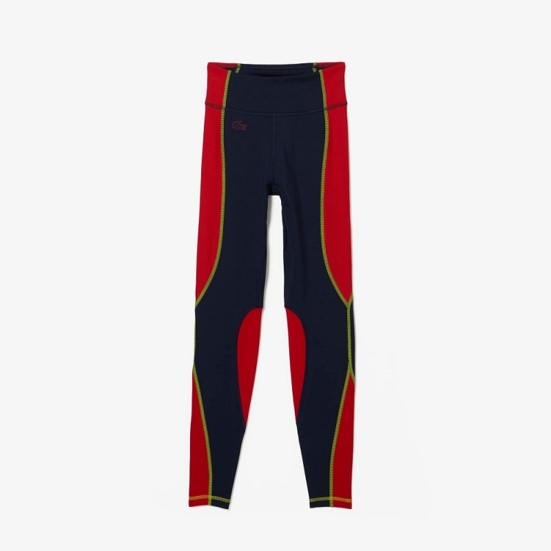 Women's Lacoste SPORT Colorblock Knit Effect Leggings Navy Blue Red | RXD970853