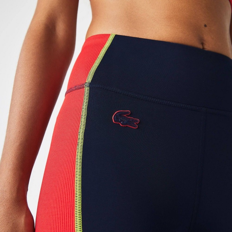 Women's Lacoste SPORT Colorblock Knit Effect Leggings Navy Blue Red | RXD970853