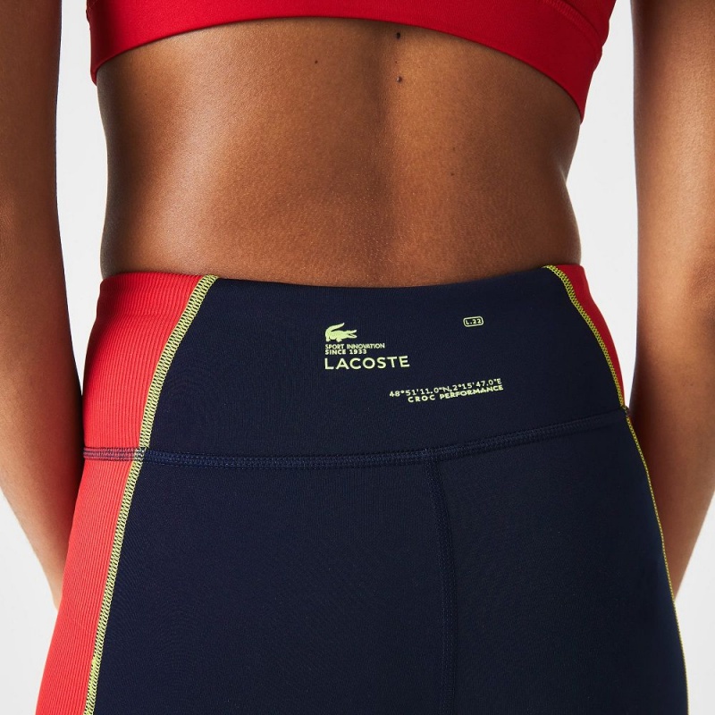 Women's Lacoste SPORT Colorblock Knit Effect Leggings Navy Blue Red | RXD970853