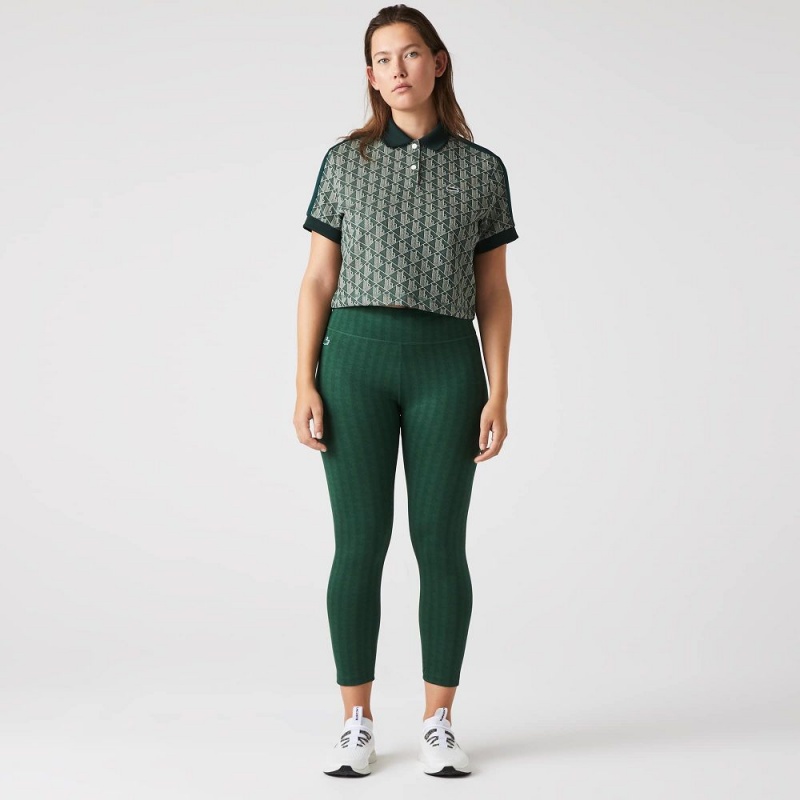 Women's Lacoste SPORT Patterned High-Waist Ultra-Dry Leggings Green | LVB748506