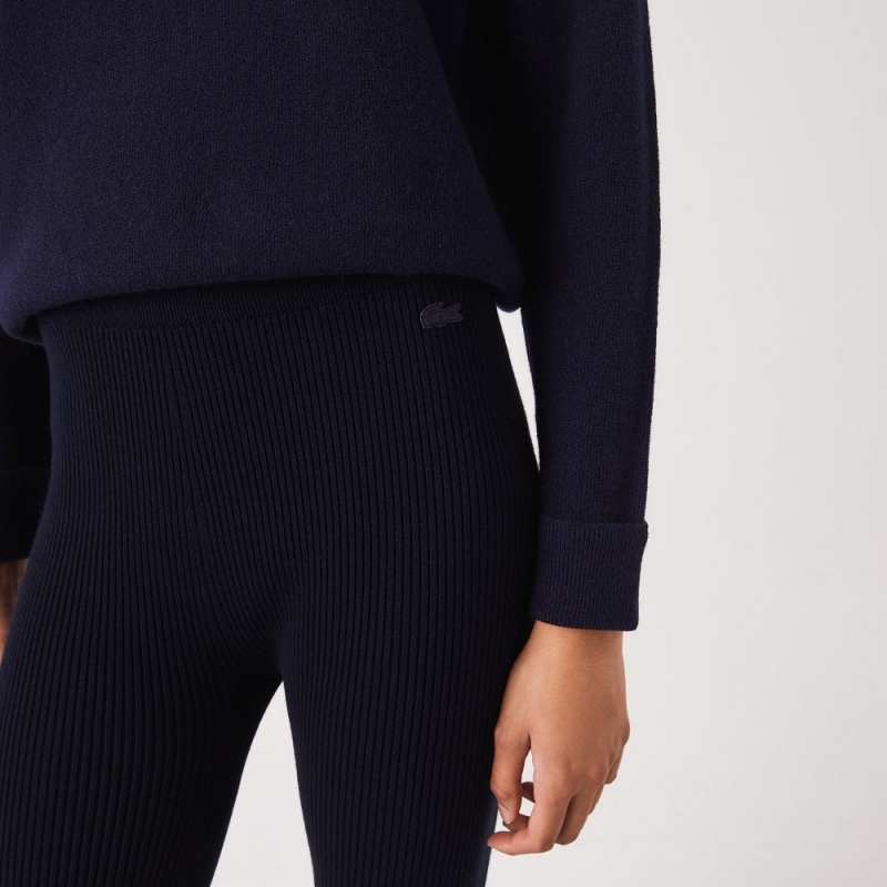 Women's Lacoste Seamless Ribbed Knit Leggings Navy Blue | HRI824610