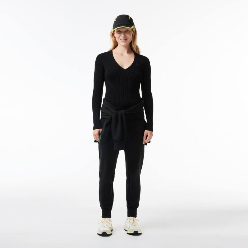 Women's Lacoste Seamless Ribbed V-Neck Sweater Black | QDK146537