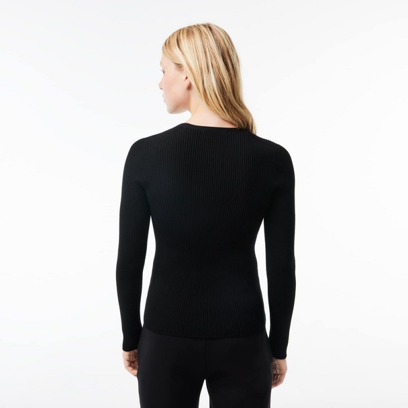 Women's Lacoste Seamless Ribbed V-Neck Sweater Black | QDK146537