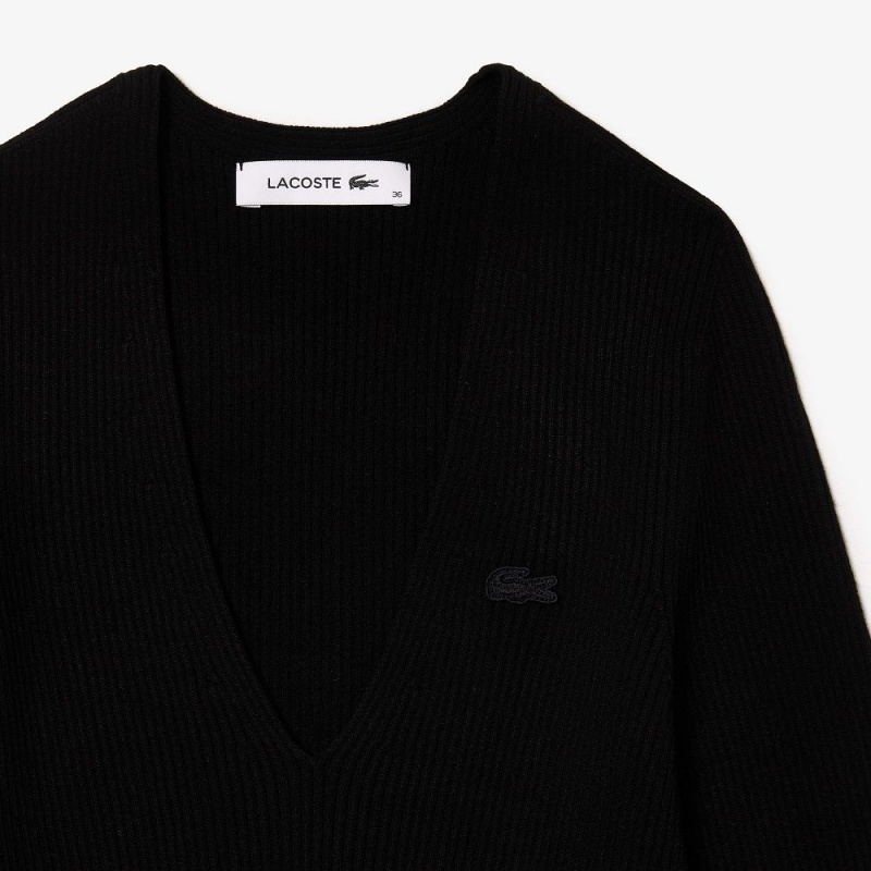 Women's Lacoste Seamless Ribbed V-Neck Sweater Black | QDK146537