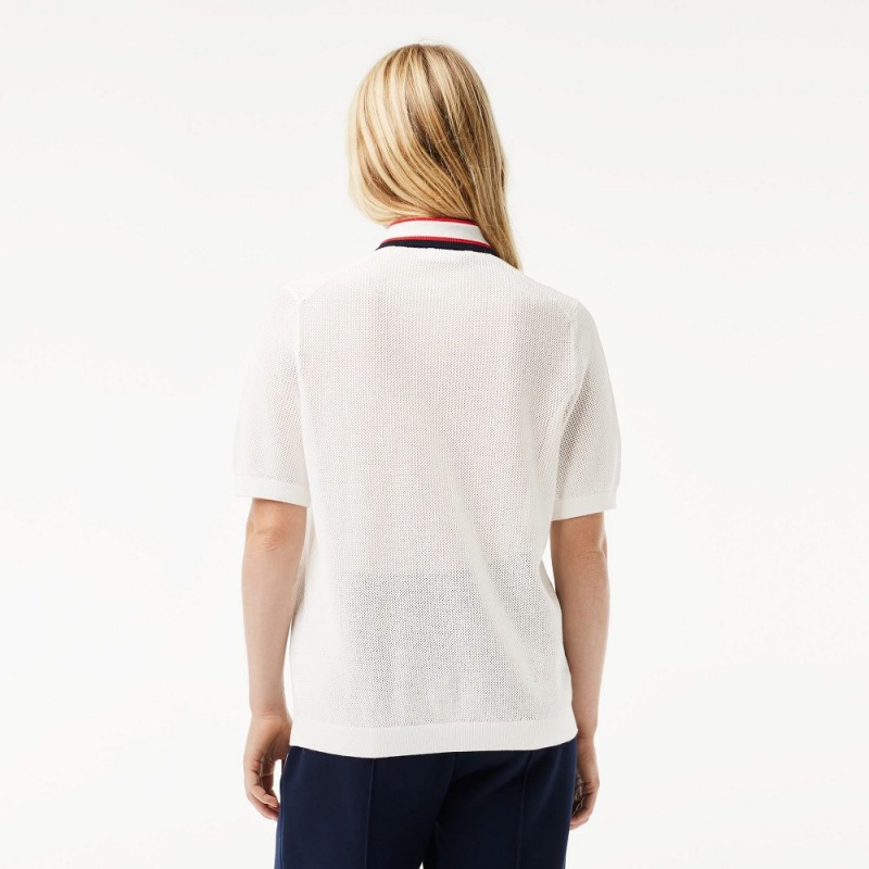 Women's Lacoste Short Sleeve Polo Neck Cotton Sweater White Navy Blue Red | PTX503642