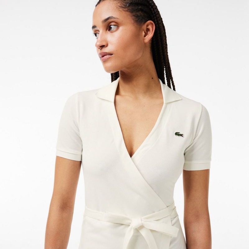 Women's Lacoste Short Sleeve Stretch Piqué Wrap Dress White | WZA946312