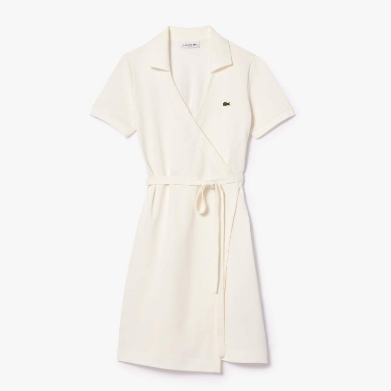 Women's Lacoste Short Sleeve Stretch Piqué Wrap Dress White | WZA946312