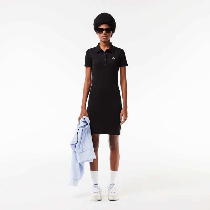 Women's Lacoste Short Sleeved Slim Fit Ribbed Cotton Dress Black | HAX487560