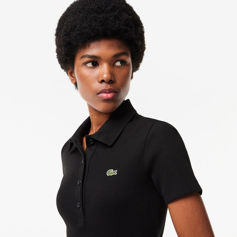 Women's Lacoste Short Sleeved Slim Fit Ribbed Cotton Dress Black | HAX487560