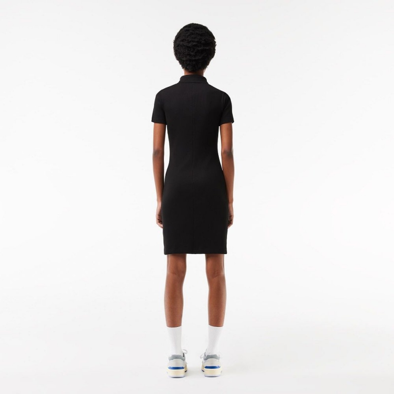 Women's Lacoste Short Sleeved Slim Fit Ribbed Cotton Dress Black | HAX487560