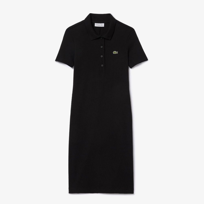 Women's Lacoste Short Sleeved Slim Fit Ribbed Cotton Dress Black | HAX487560