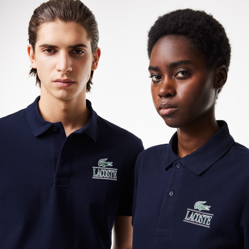 Women's Lacoste Signature Print Stretch Piqué Polo Shirts Navy Blue | LPO946872