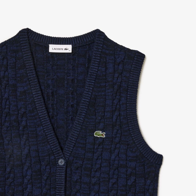 Women's Lacoste Sleeveless Cable Knit Cotton & Wool Blend Vest Sweater Navy Blue | STG615073