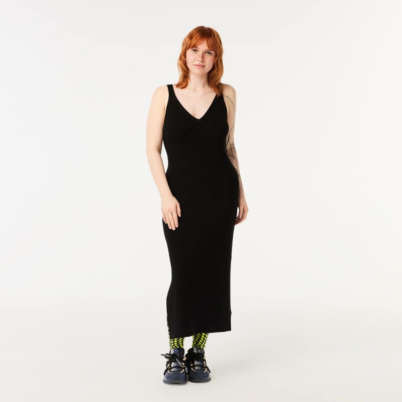 Women's Lacoste Sleeveless Knit Midi Dress Black | MCF726951