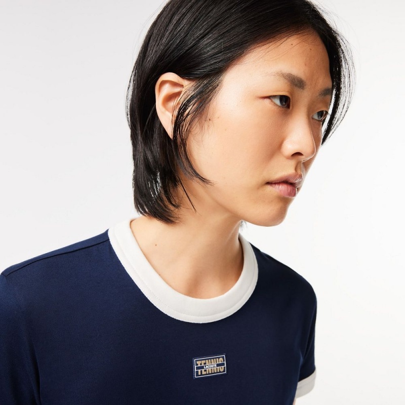 Women's Lacoste Slim Fit Cotton Tennis T-Shirt Navy Blue White | AJK961382