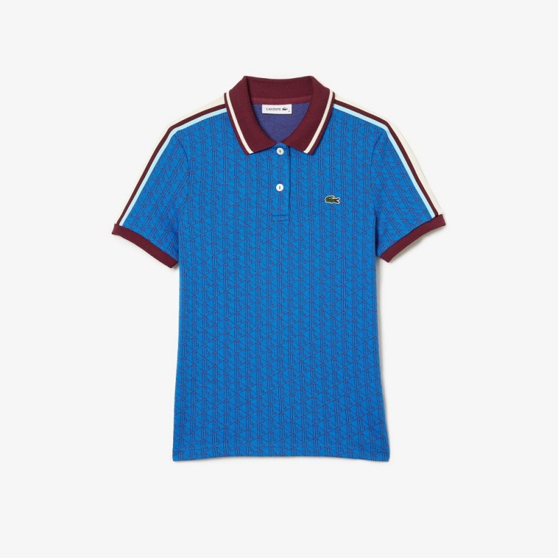 Women's Lacoste Slim Fit Monogram Polo Shirts Blue Bordeaux | TOE843169