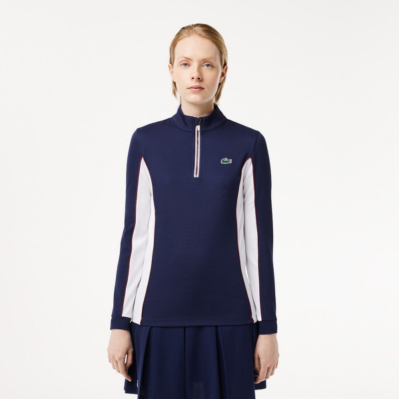 Women\'s Lacoste Slim Fit Quarter-Zip Sweatshirt Navy Blue White | JAZ547910