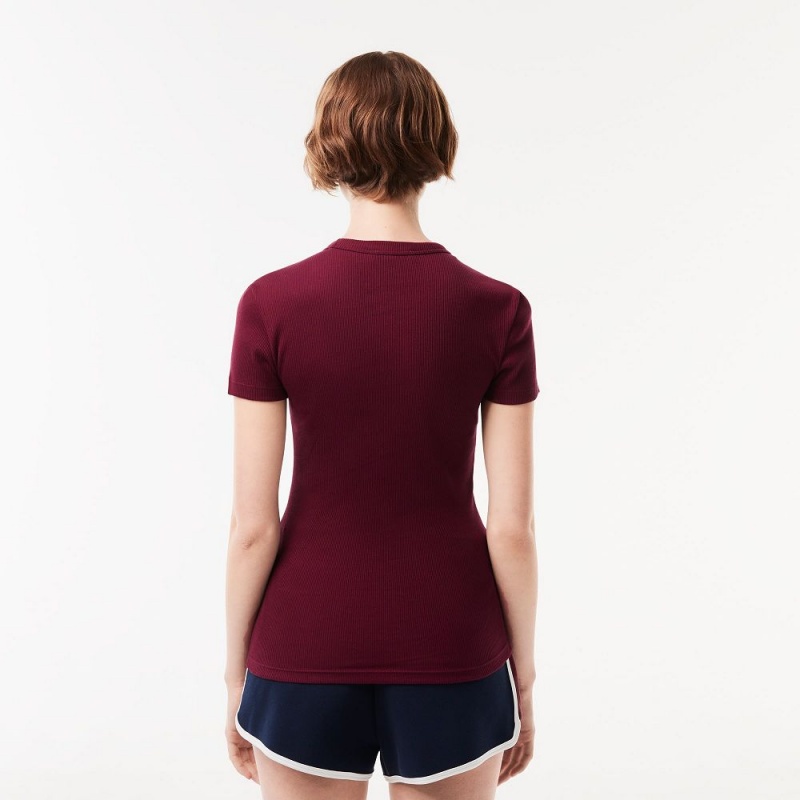 Women's Lacoste Slim Fit Ribbed Cotton T-Shirt Bordeaux | MUR415608