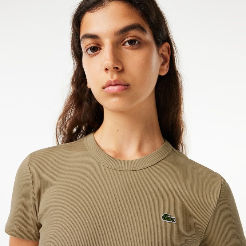 Women's Lacoste Slim Fit Ribbed Cotton T-Shirt Beige | GSB637814