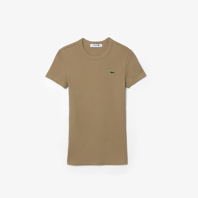 Women's Lacoste Slim Fit Ribbed Cotton T-Shirt Beige | GSB637814