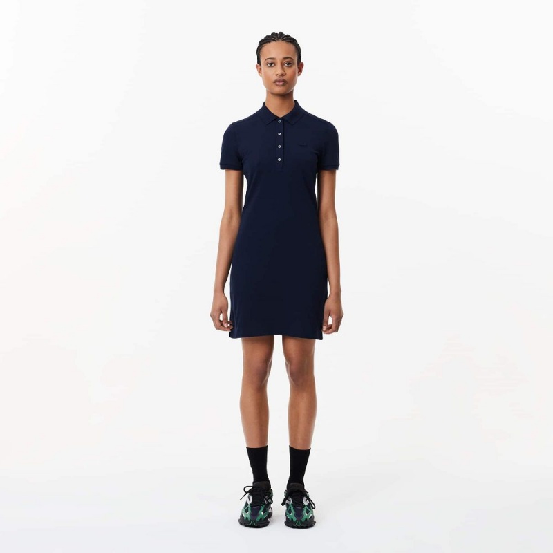 Women\'s Lacoste Slim Fit Stretch Cotton Piqué Polo Dress Navy Blue | FPD039256