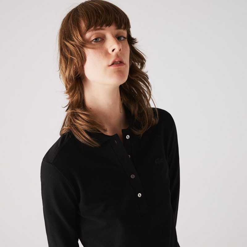 Women's Lacoste Slim Fit Stretch Piqué Polo Shirts Black | MHC218935