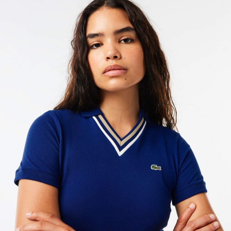 Women's Lacoste Slim Fit V-Neck Stretch Piqué Polo Shirts Methylene blue | VNY714523