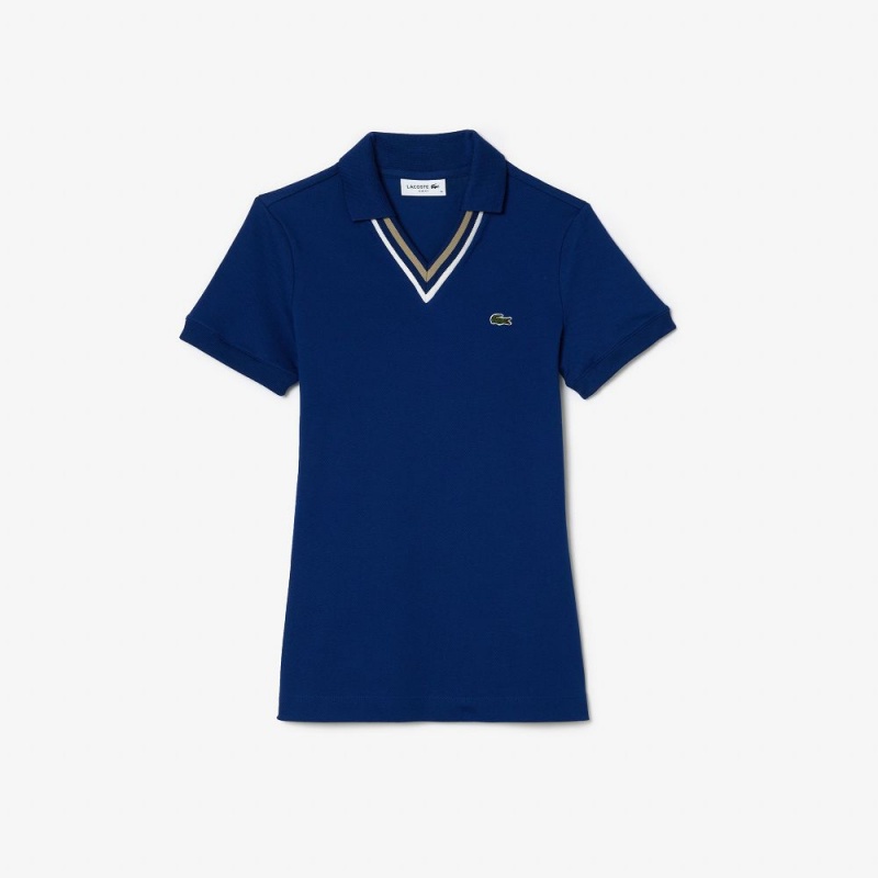 Women's Lacoste Slim Fit V-Neck Stretch Piqué Polo Shirts Methylene blue | VNY714523