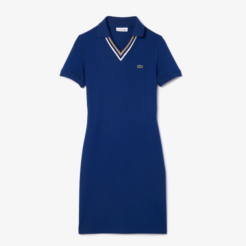 Women\'s Lacoste Slim Fit V-Neck Stretch Piqué Polo Dress Methylene blue | KCB824016