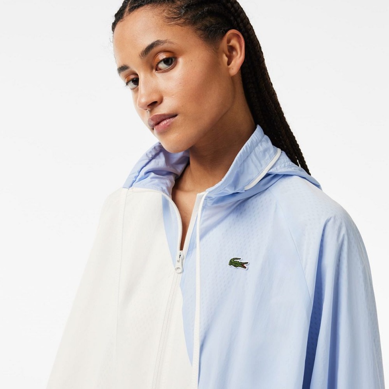 Women's Lacoste Stowable Hood Oversized Colorblock Track Jackets White Light Blue | DMX192360