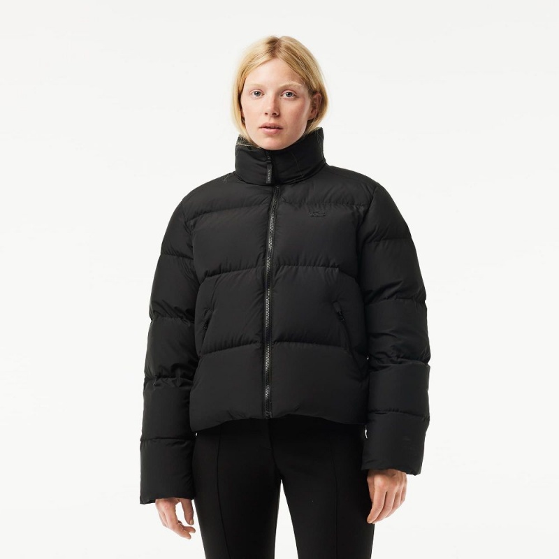 Women\'s Lacoste Stowable Hood Puffer Jackets Black | PMO690548