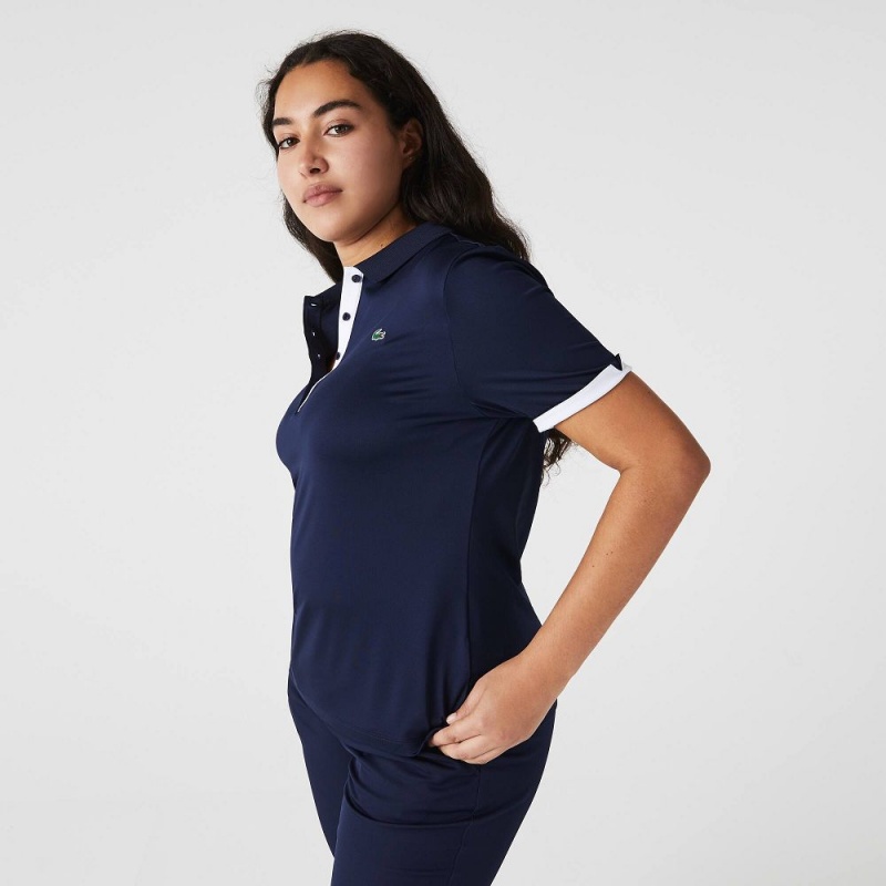 Women's Lacoste Stretch Jersey Golf Polo Shirts Navy Blue White | PRG078421