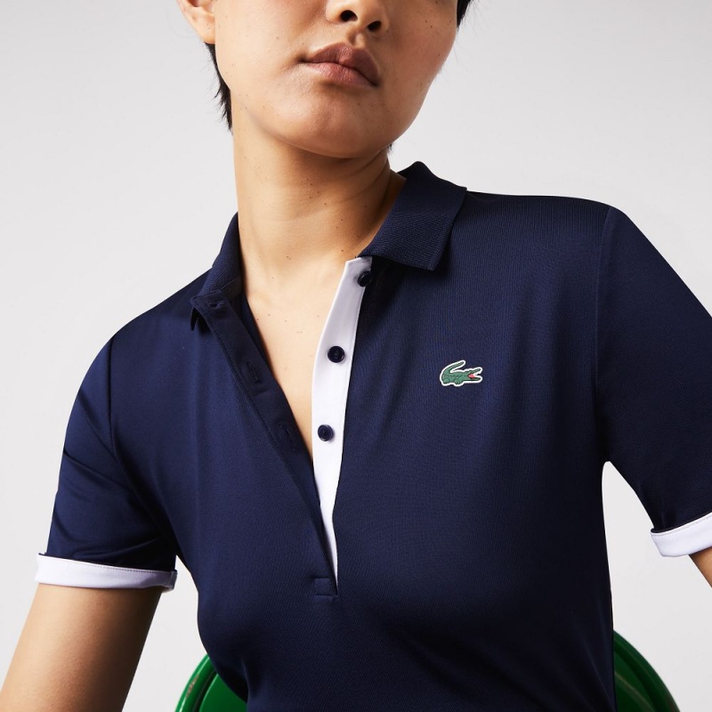 Women's Lacoste Stretch Jersey Golf Polo Shirts Navy Blue White | PRG078421