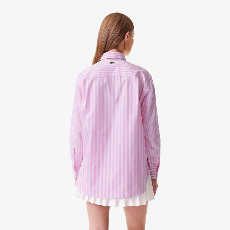 Women's Lacoste Striped Cotton Poplin Shirt Pink White | CZI187265