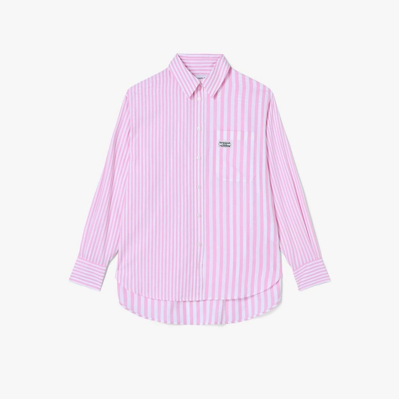 Women's Lacoste Striped Cotton Poplin Shirt Pink White | CZI187265