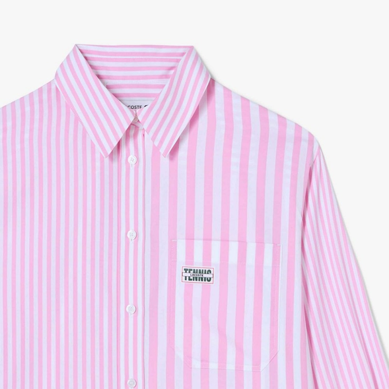 Women's Lacoste Striped Cotton Poplin Shirt Pink White | CZI187265