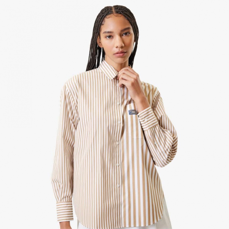 Women's Lacoste Striped Cotton Poplin Shirt Beige White | OFP965017