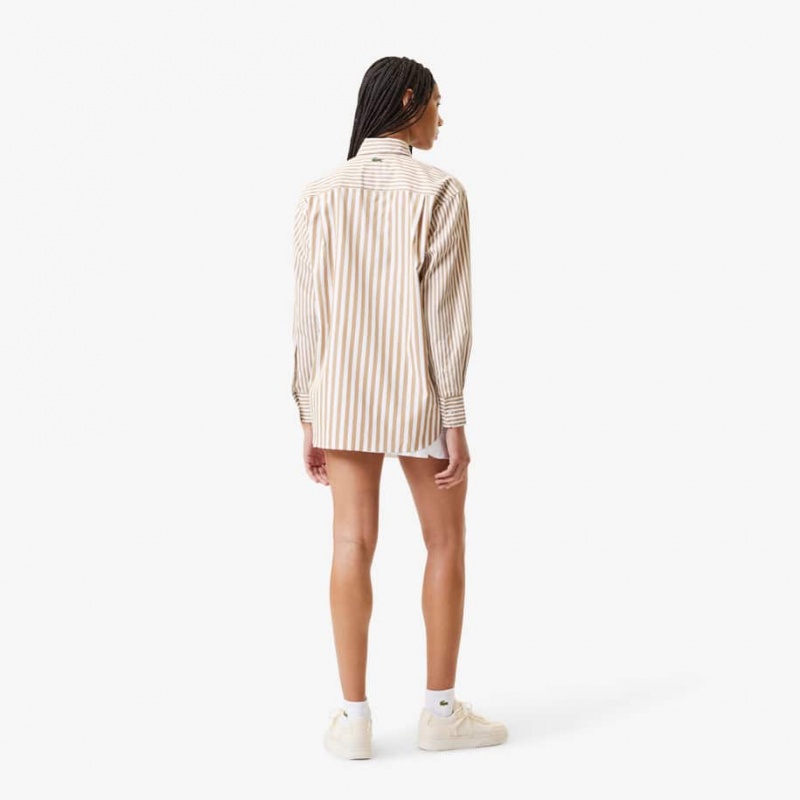 Women's Lacoste Striped Cotton Poplin Shirt Beige White | OFP965017