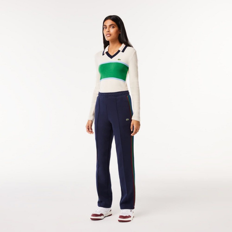 Women\'s Lacoste Striped Knit Pants Navy Blue | DJT954786