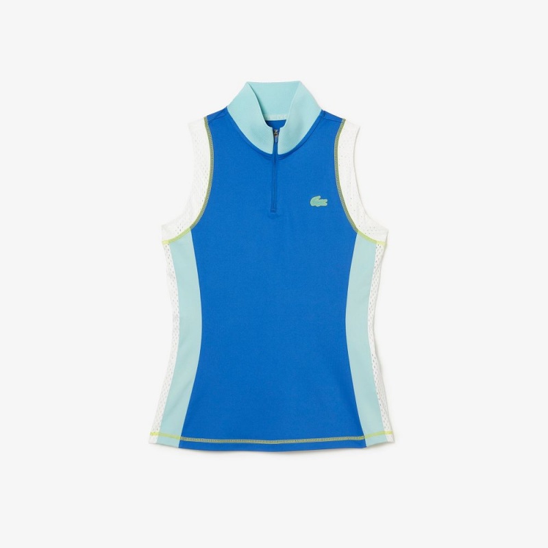 Women's Lacoste Tennis Sleeveless Zip Neck Ultra-Dry Polo Shirts Blue Light Green White | MJO703685