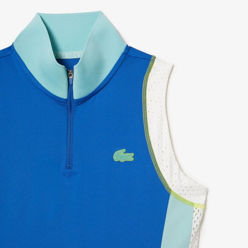 Women's Lacoste Tennis Sleeveless Zip Neck Ultra-Dry Polo Shirts Blue Light Green White | MJO703685