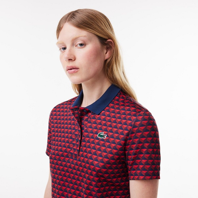 Women's Lacoste Ultra-Dry Patterned Golf Polo Shirts Blue Bordeaux Red | QVU025184