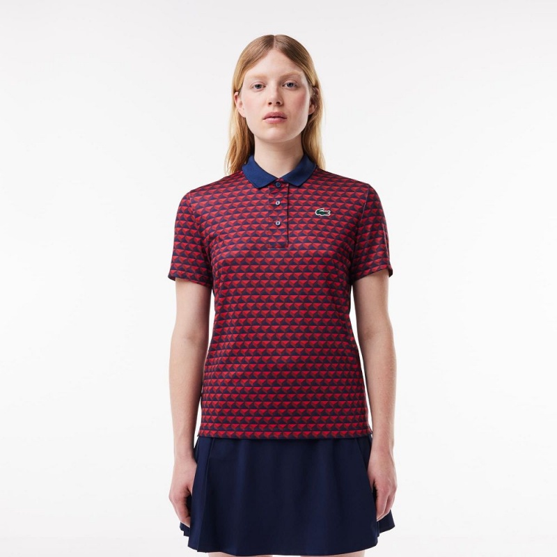 Women\'s Lacoste Ultra-Dry Patterned Golf Polo Shirts Blue Bordeaux Red | QVU025184