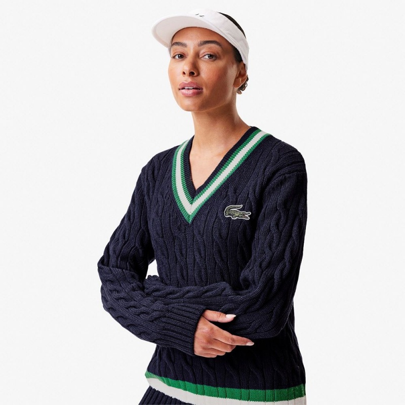 Women's Lacoste V-Neck Cable Knit Striped Sweater Navy Blue Green White | LMV284653