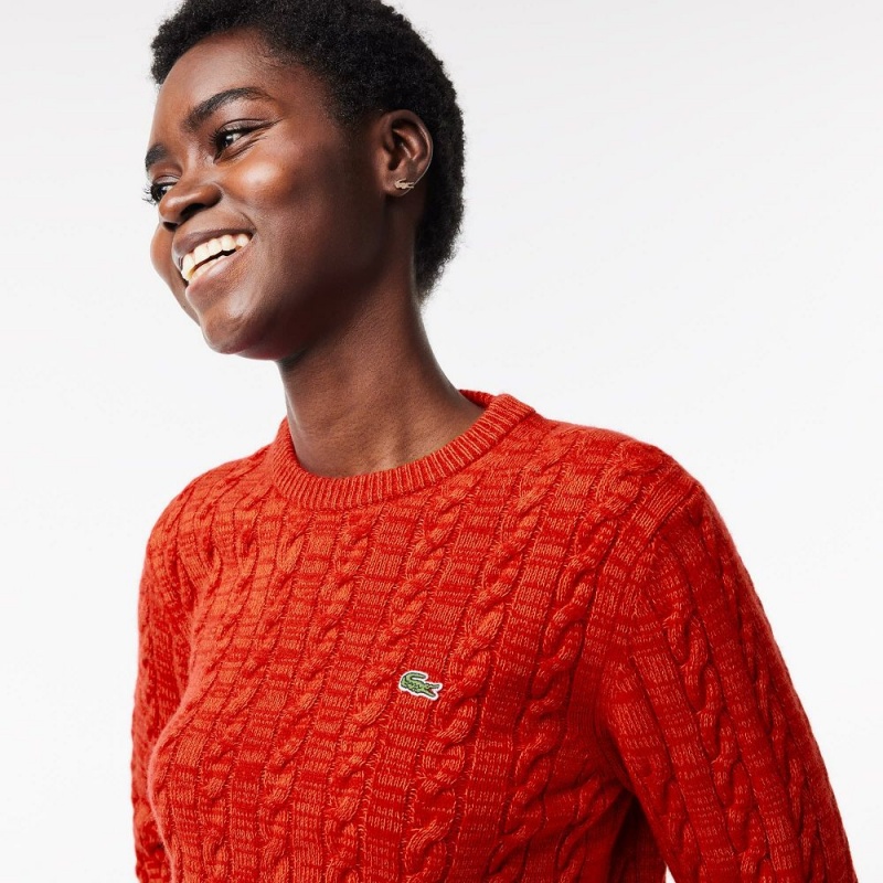 Women's Lacoste Wool Blend Cable Knit Sweater Red Orange | FSD385461