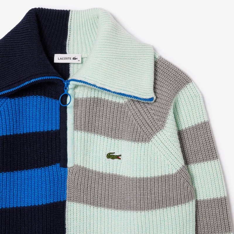 Women's Lacoste Wool Zip Neck Contrast Stripe Colorblock Sweater Grey Chine Navy Blue Blue White Light Blue | HGZ510243