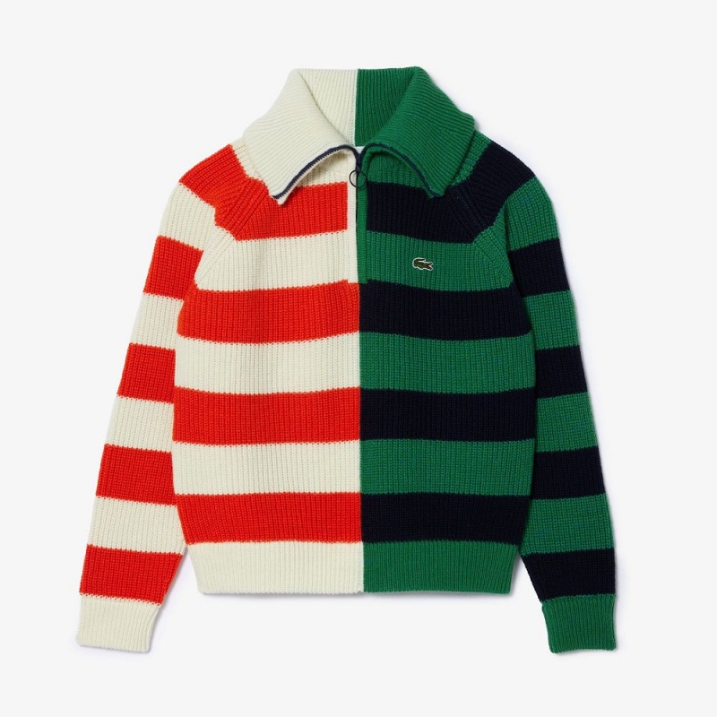 Women's Lacoste Wool Zip Neck Contrast Stripe Colorblock Sweater White Orange Navy Blue Green Blue | TYS642019