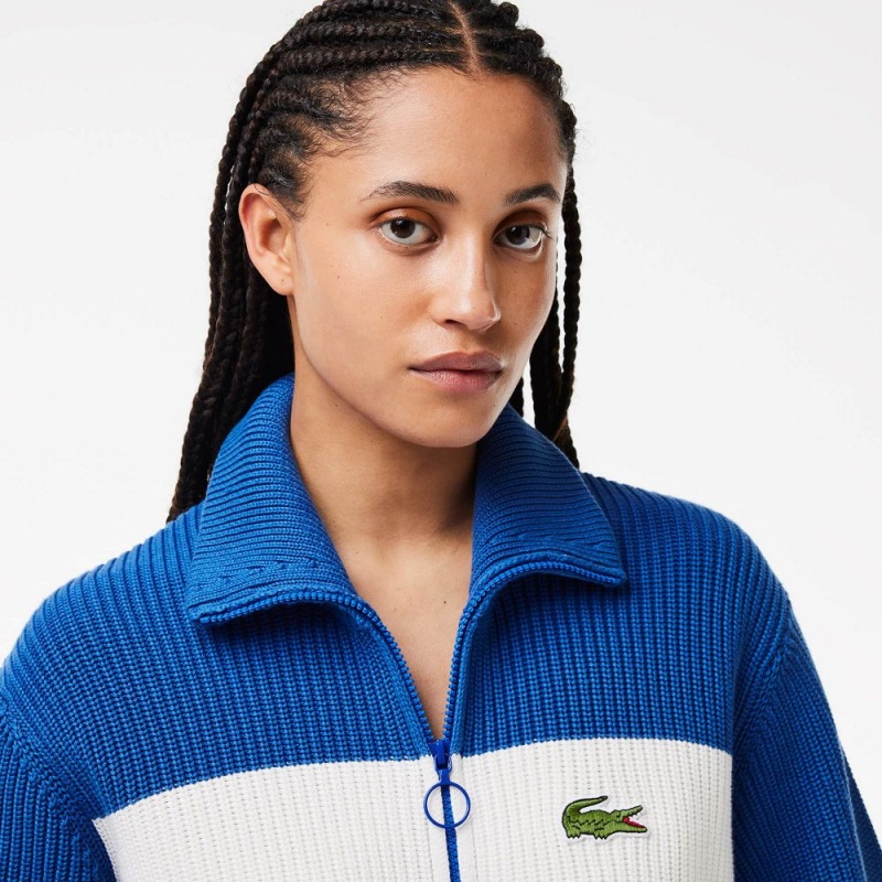 Women's Lacoste Zip-Up Cotton Colorblock Cardigan Blue White | SIH608374