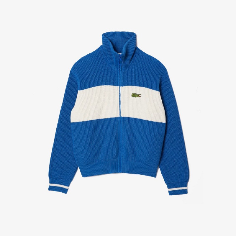 Women's Lacoste Zip-Up Cotton Colorblock Cardigan Blue White | SIH608374