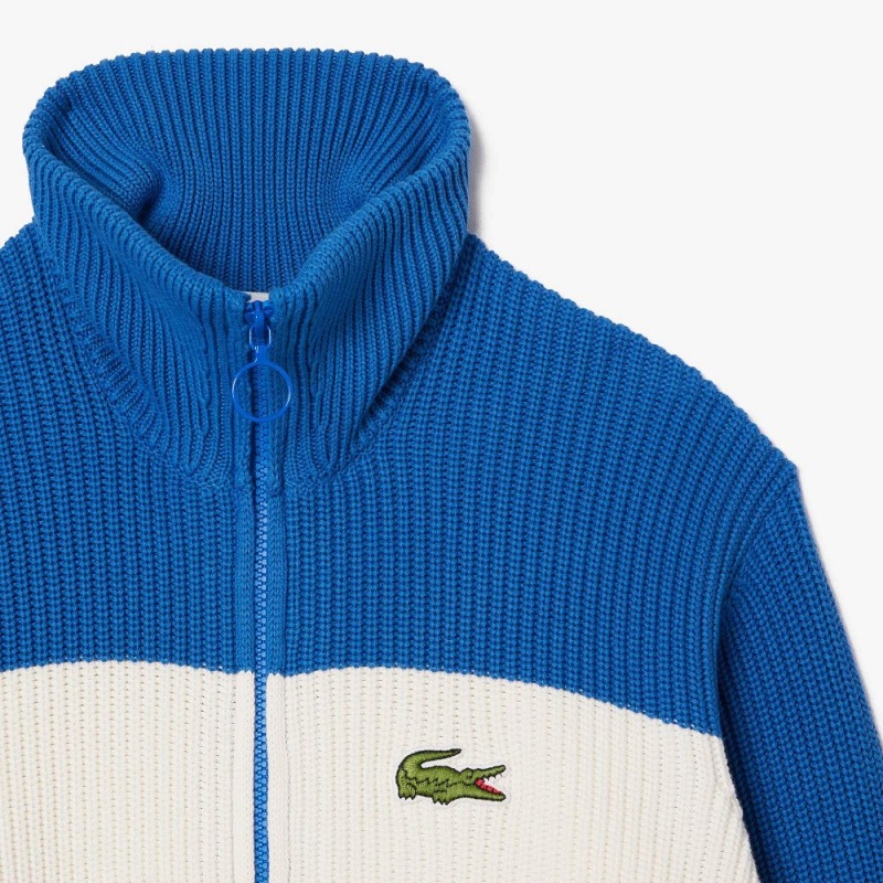 Women's Lacoste Zip-Up Cotton Colorblock Cardigan Blue White | SIH608374